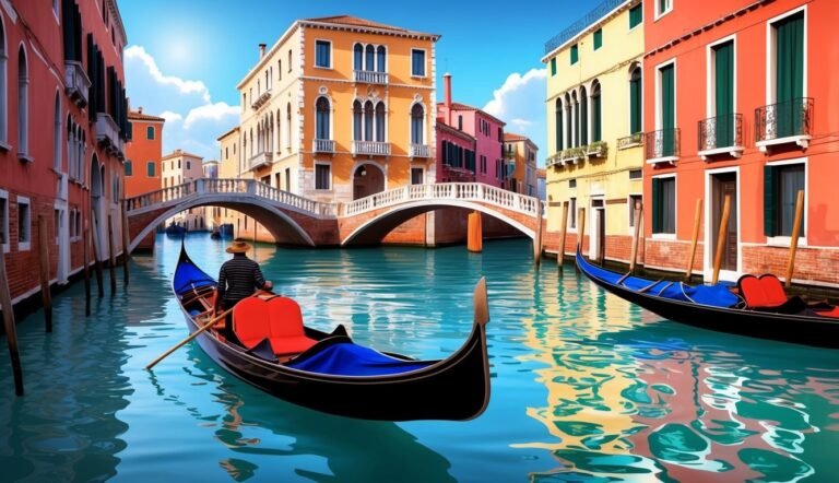 Gondola on a canal in Venice, with colorful buildings and a bridge