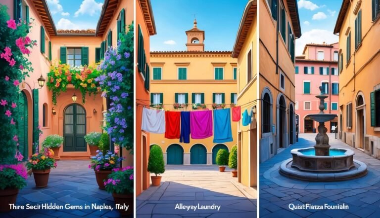 Three Italian alleyways with colorful buildings, flowers, and a fountain