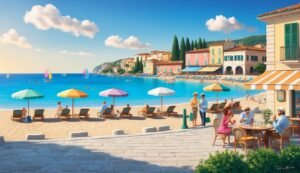 Beach scene with colorful buildings, umbrellas, people, and sailboats on the water