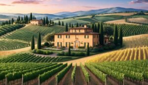Vineyard with a large house on a hill, rolling hills in the background