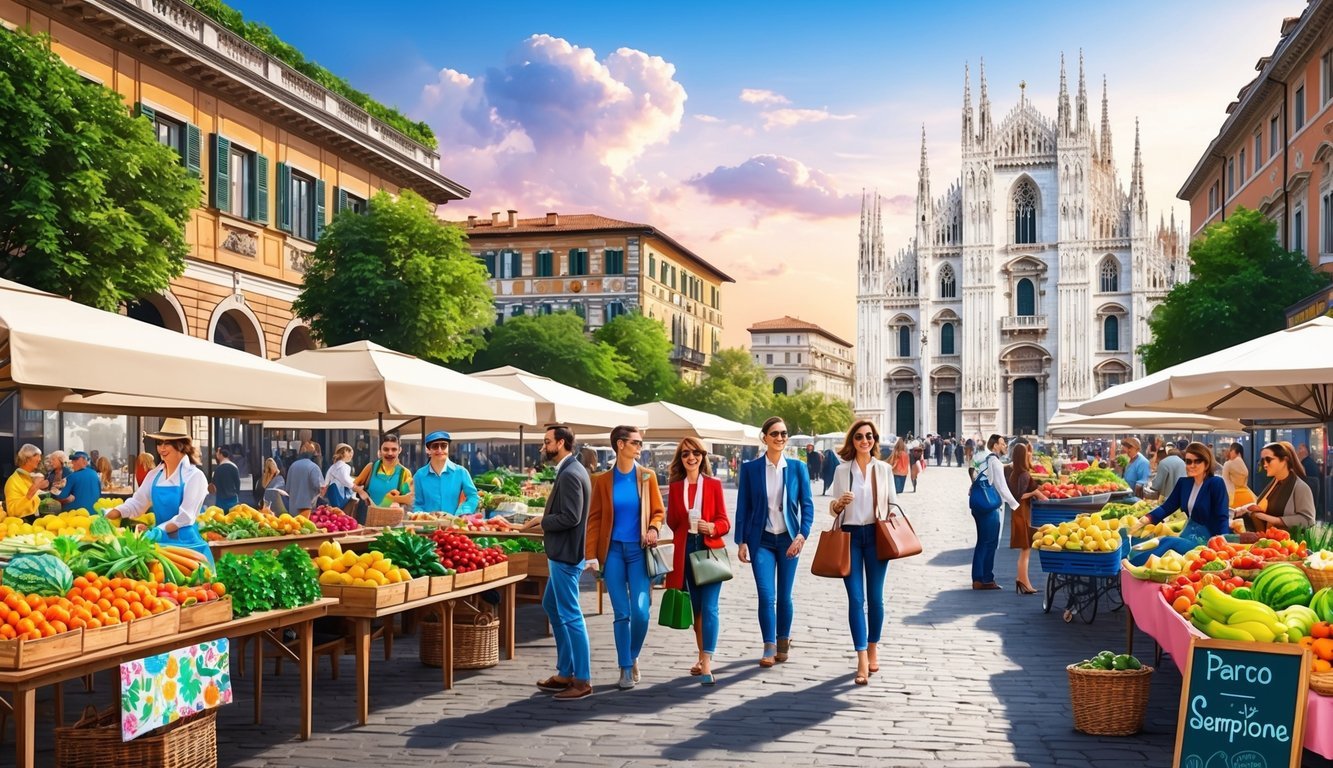 People walking past a fruit market with the Milan Cathedral in the background