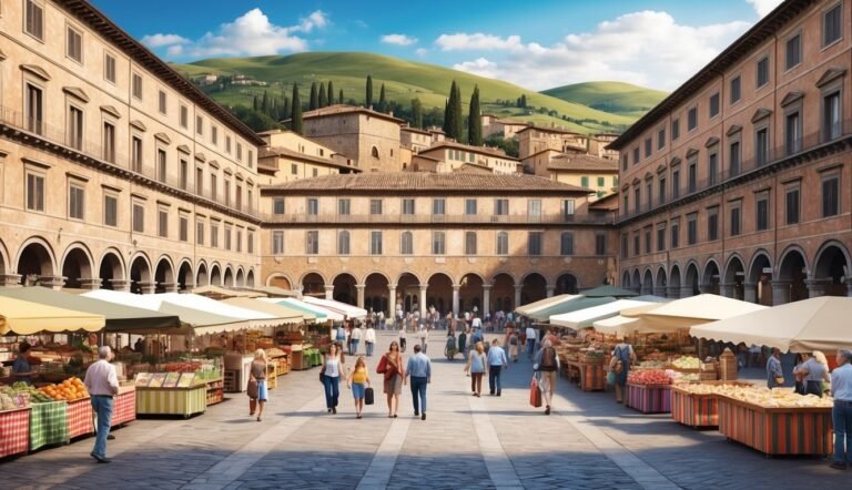 Outdoor market in a European square with people and produce stalls