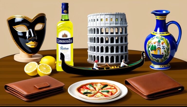 Italian themed still life with mask, Colosseum, pizza, limoncello, and gondola