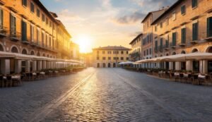 Cobblestone street in European town with restaurants at sunset