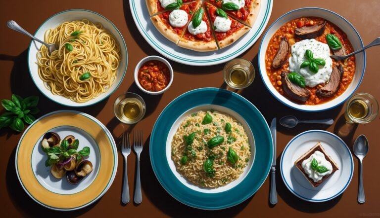 Overhead view of Italian food: pasta, pizza, soup, and appetizers
