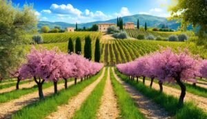 Vineyard with pink flowering trees, green fields, and a villa