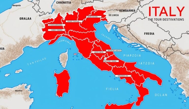 Map of Italy in red, with surrounding countries and text labels