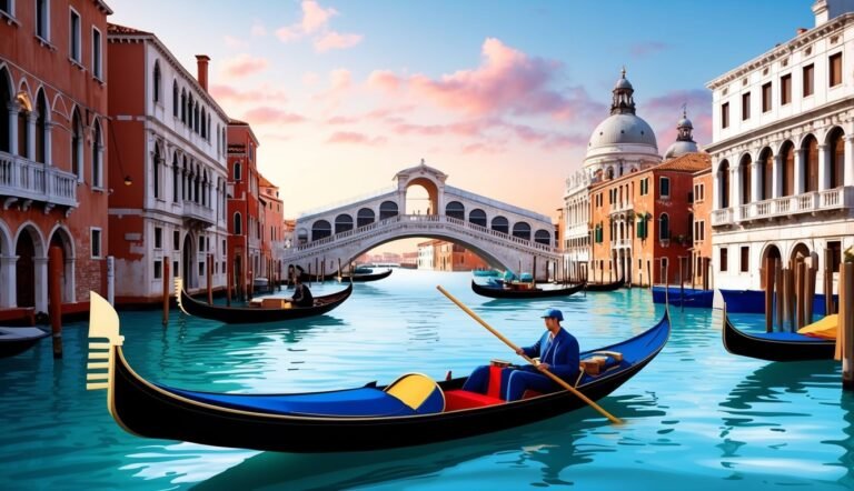 Venice canal scene with gondolas, Rialto Bridge, and colorful buildings