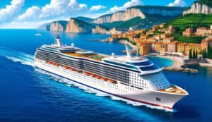 Cruise ship sailing near a coastal town with mountains in the background