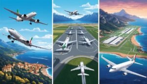 Three panels of airplanes flying over coastal landscapes