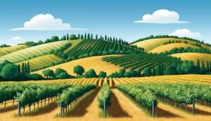 Cartoon illustration of a vineyard on rolling hills under a blue sky