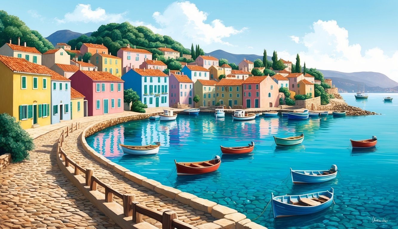 Colorful coastal village with boats in the harbor and cobblestone path