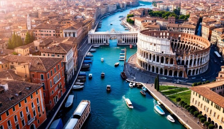 Aerial view of Venice, Italy, with canals, buildings, and boats