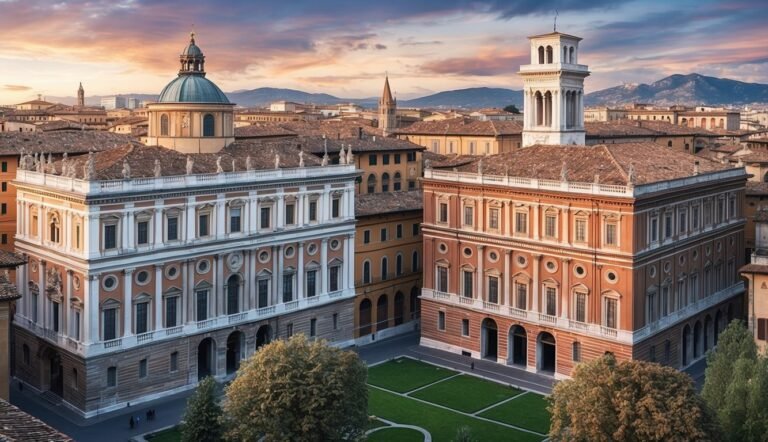 Aerial view of Italian architecture with a domed building and tower