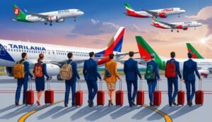 People with luggage walking towards airplanes on a runway