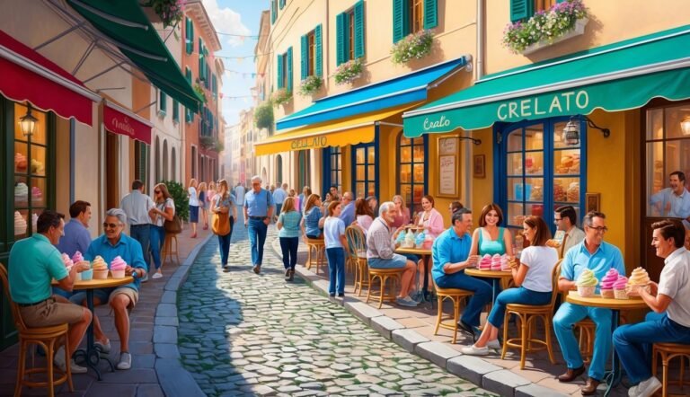 People enjoying gelato at outdoor cafes in a European town