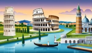 Illustration of famous Italian landmarks: Leaning Tower, Colosseum, and gondola