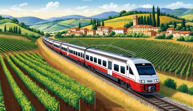 Train travels through vineyards, past a village in a picturesque landscape