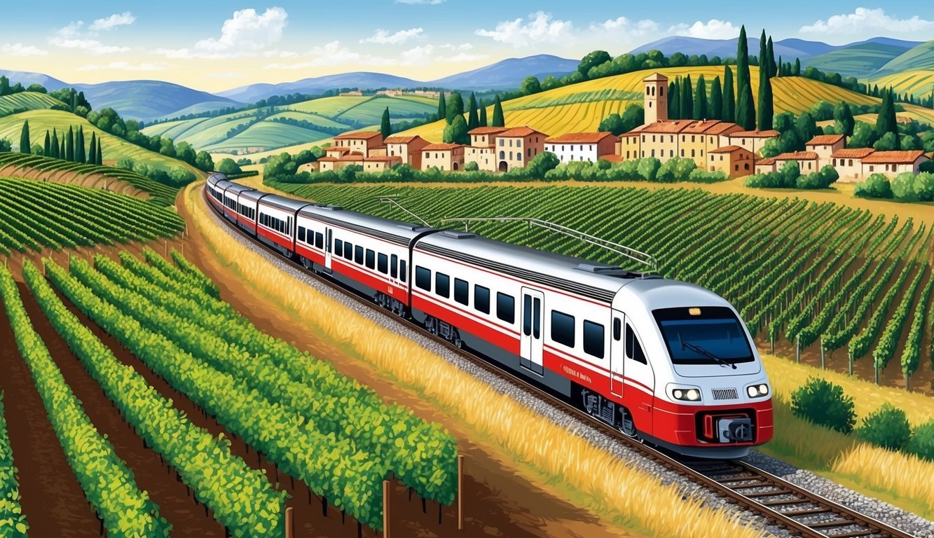 Train travels through vineyards, past a village in a picturesque landscape