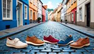 Five pairs of shoes on a cobblestone street with colorful buildings