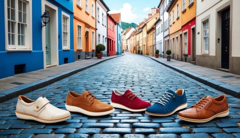 Five pairs of shoes on a cobblestone street with colorful buildings