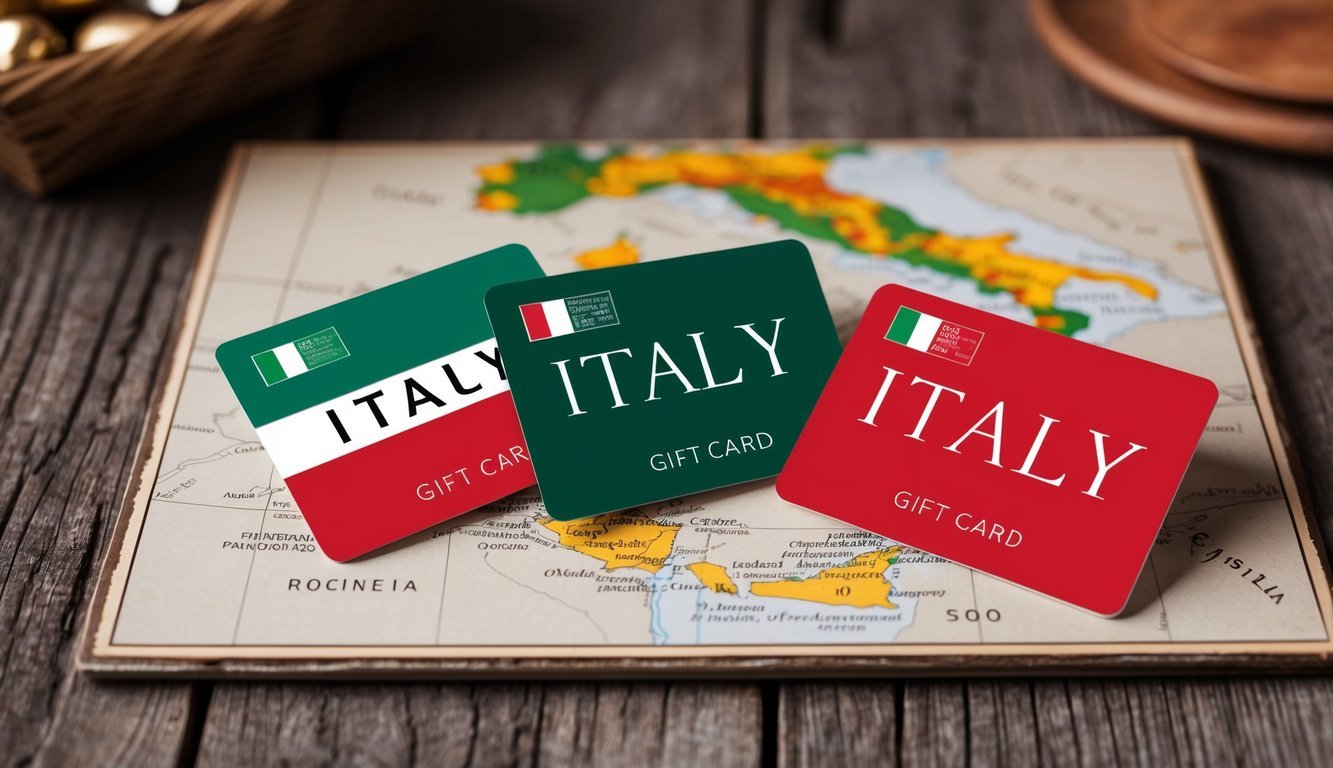 Three Italy gift cards on a map of Italy, with wooden background
