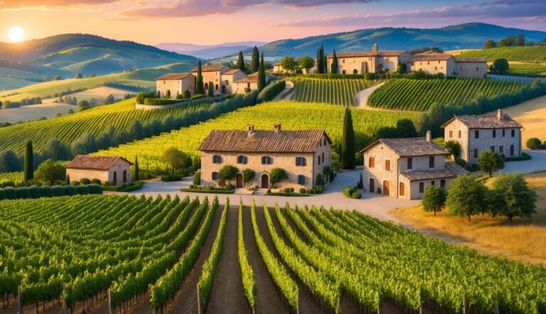 Vineyard with stone houses on a hillside at sunset. Rows of grapevines