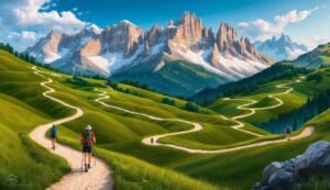 Hikers on a winding path through green hills with snow-capped mountains
