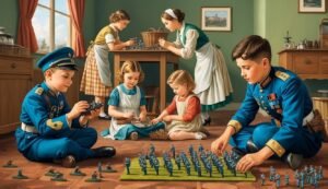 Children in military uniforms play with toy soldiers on the floor