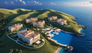 Luxury resort with multiple buildings, pools, and ocean views on a hillside