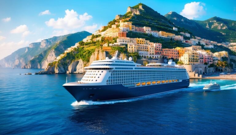Cruise ship sailing past a colorful coastal town on a sunny day