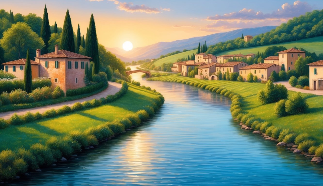 Scenic landscape with river, houses, and sunset over the hills