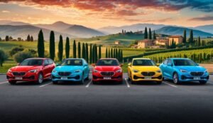 Five colorful cars parked in front of a scenic Tuscan landscape