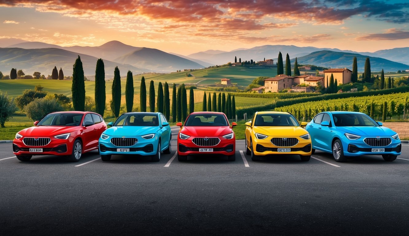 Five colorful cars parked in front of a scenic Tuscan landscape