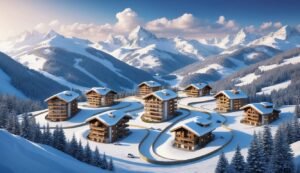Snow-covered chalets on a winding road in a snowy mountain landscape