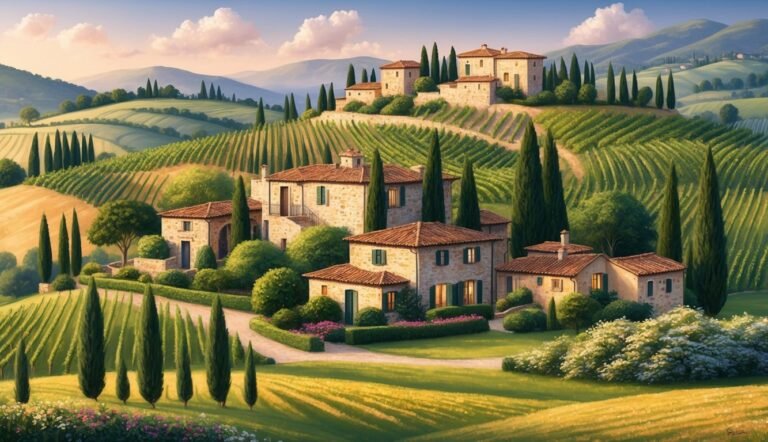 Italian villa and vineyards on rolling hills, cypress trees, and blue sky