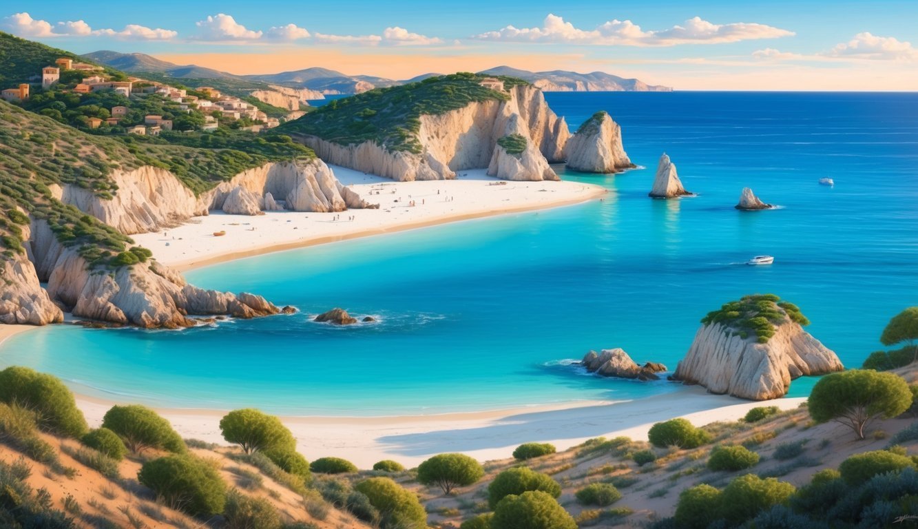 Scenic view of a turquoise beach with white cliffs and blue sea