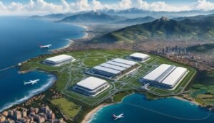 Aerial view of a modern airport with planes, city, and mountains