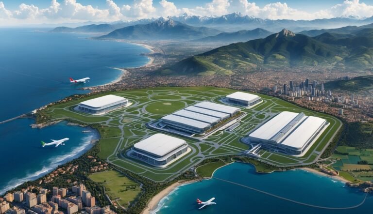 Aerial view of a modern airport with planes, city, and mountains