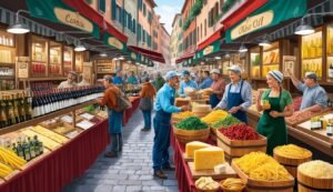Italian market scene with vendors selling food and wine
