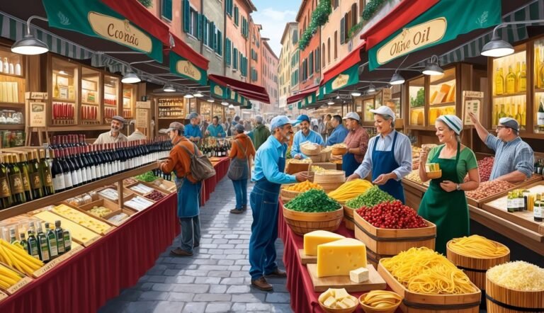 Italian market scene with vendors selling food and wine