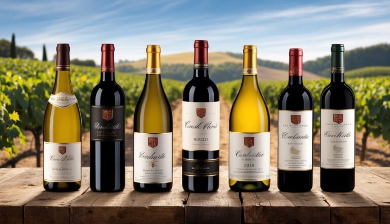 Six wine bottles on a wooden table with a vineyard background