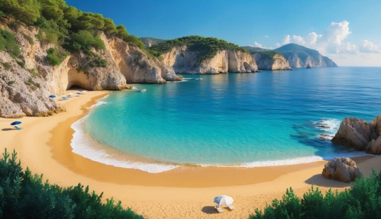 Scenic beach with turquoise water, cliffs, umbrellas, and lush green vegetation