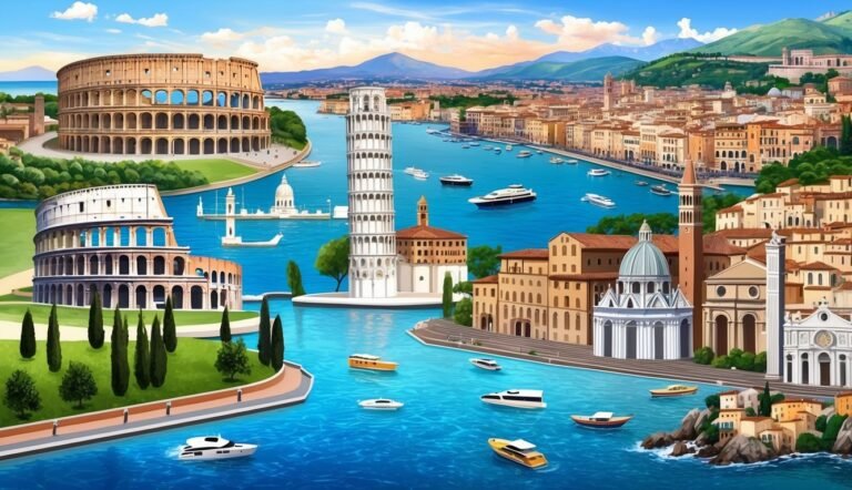 Cartoon illustration of famous Italian landmarks, including the Colosseum and Leaning Tower of Pisa