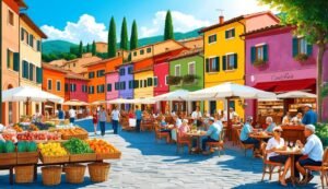 Colorful European town square with market stalls, restaurants, and people