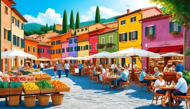 Colorful European town square with market stalls, restaurants, and people