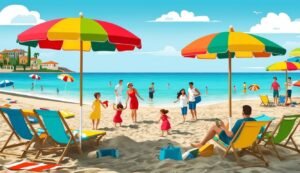 Beach scene with colorful umbrellas, people, and lounge chairs on a sunny day