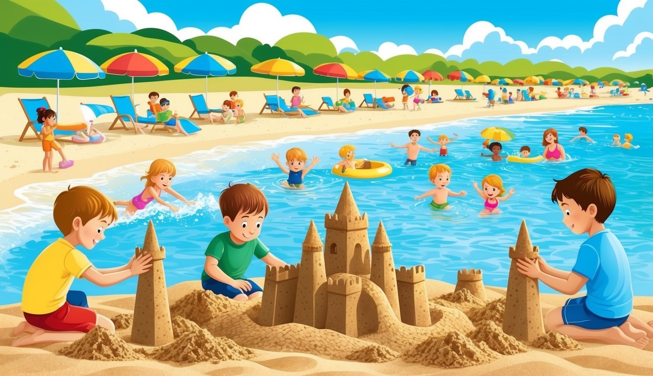 Children building sandcastles on a sunny beach, families swimming and playing in the clear blue water, colorful umbrellas dotting the sandy shoreline