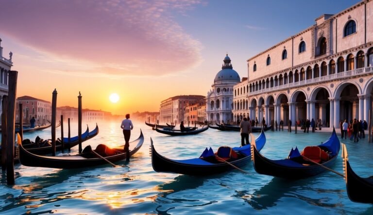 Venice canal scene with gondolas, buildings, and sunset sky