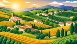 Illustration of a rural Italian landscape with vineyards, houses, and rolling hills